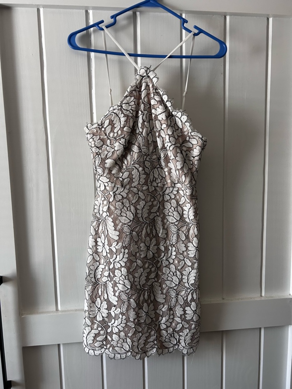 Lulu's White Lace Halter Mini Dress with Taupe Underlay